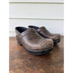 Dansko Womens Professional Leopard Print Clogs Brown & Black Leather Slip-On Sho